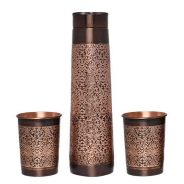 Imagem de ANCIENT IMPEX Garrafa de água de cobre com 2 copos – Formato de farol de padrão floral | Utensílios de bebida de cobre puro para saúde, digestão e desintoxicação Ayurveda