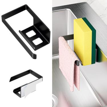 Imagem de Pia de suporte de esponja, suporte de esponja de cozinha autoadesivo, suporte de pano de prato para armazenamento, preto