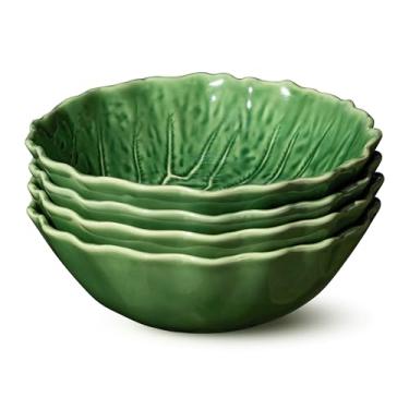 Imagem de Le Jardin Conjunto de 4 tigelas de sopa 3D de repolho 21,6 cm x 7 cm – Tigela de folhas de grés verde esculpida – Utensílios de servir sazonais inspirados no jardim para sopas, saladas, massas e