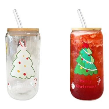 Imagem de anabox Copos de vidro que mudam de cor com tampas e canudos de bambu, copo de vidro de 473 ml para chá de café gelado, leite, suco de chá, presente de Natal (1 peça de Natal)
