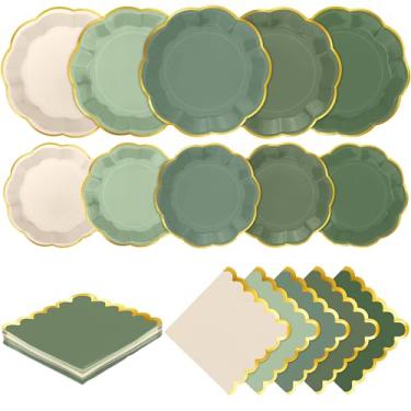 Imagem de Kochorie Conjunto de pratos e guardanapos de papel verde sálvia com 100 peças, pratos e guardanapos de papel recortado de folha dourada para decoração de aniversário, casamento, chá de bebê