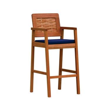 Imagem de Banqueta Alta Garden Madeira Maciça Assento Estofado Encosto Trançado Madeira - Natural Acquablock Azul