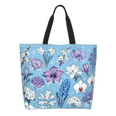 Imagem de OLUSENMO Bolsa feminina azul fosca com flores de inverno 30L grande capacidade durável leve elegante bolsa de ombro para praia, compras, viagens, trabalho, academia