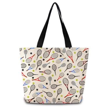 Imagem de ZhuVantrix Sacola de tênis de desenho animado, linda bolsa de ombro de compras estética com bolso interno com zíper, leve e lavável, raquetes e bolas de tênis estilosas, presente para mulheres amigas