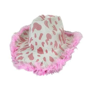 Imagem de Chapéu de cowboy rosa com estampa de leite e jeans com penas e franjas
