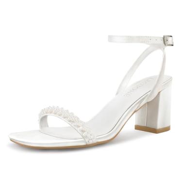 Imagem de Sandálias femininas de salto grosso, salto grosso, fivela no tornozelo, bico aberto, Branco, 40