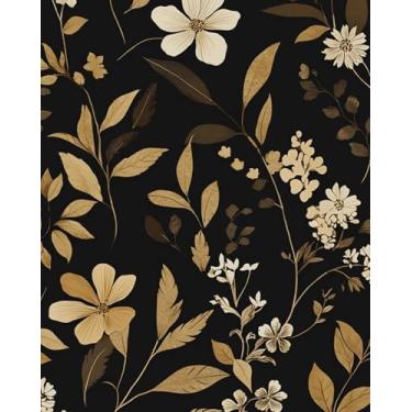 Imagem de Fvlow Papel de parede floral preto descasque e cole folha dourada papel de contato 44,2 cm x 299,7 cm papel de parede Boho impermeável autoadesivo cobertura de parede para quarto, bancada, armários de