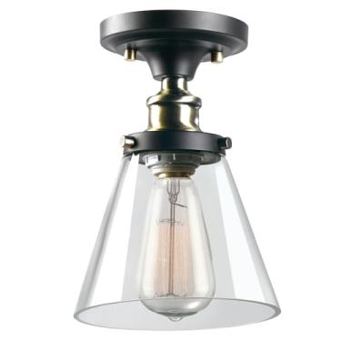 Imagem de Globe Electric 65380 Jackson Luminária de teto com 1 lâmpada, bronze escuro, acabamento acetinado, detalhes em latão antigo, cúpula de vidro transparente