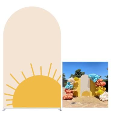 Imagem de KONPON Capa de tecido arqueado com tema bege Here Comes The Son Retro Sunshine Capa de arco elástico para decoração de festa de chá de bebê (apenas capa sem suporte!)