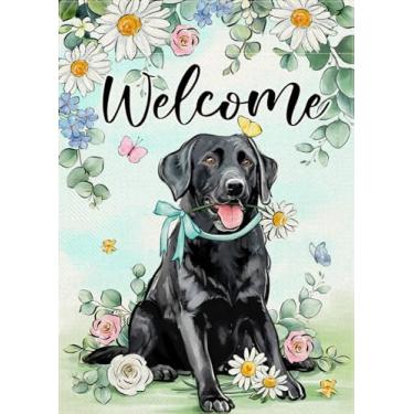 Imagem de Covido Welcome Spring Black Labrador Dog Decorative Garden Flag, Puppy Daisy Flower Eucalyptus Leaves Yard Outside Decorations, Floral Butterfly Outdoor Small Burlap Home Decor Dupla Face 12 x 18