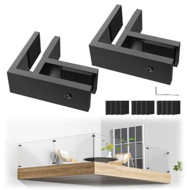 Imagem de Gyykzz Pacote com 2 grampos pretos de vidro para vidro de 90 graus sem necessidade de perfuração, clipe de corrimão T304 adequado para balaustrada Thinkness de 10 mm a 13 mm, suporte de dupla face