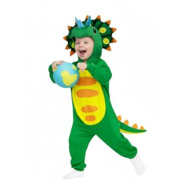 Imagem de ROC PARTY Fantasia de dinossauro e monstro para crianças - Roupa de vestir com capuz de animal 3D para Halloween, cosplay e festas, Tricerátopo verde, Small ( 2-3T )