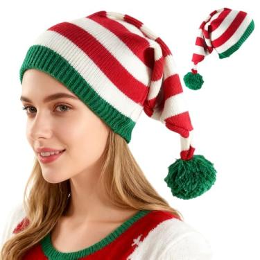 Imagem de Bawnhaw Gorros de Papai Noel de elfo para adultos, vermelho, verde, branco, listrado, chapéu de Natal macio para acessórios de festa de Natal, Vermelho - branco - verde, 18.1*8.7"