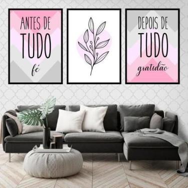 Imagem de Kit 3 Quadros Fé Gratidão Rosa Cinza Folha 33X24Cm Preta - Quadros On-