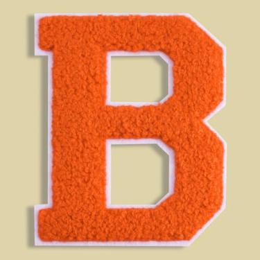 Imagem de QianSiLi Adesivos de letras universitárias de chenille laranja de 11 cm, letras grandes para jaquetas Letterman, moletons com capuz, mochilas, coletes, roupas, adesivos individuais da letra B