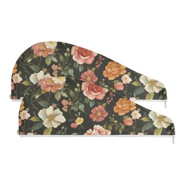 Imagem de SEHANY Toalha de cabelo de microfibra de flores coloridas elegantes para mulheres, 2 peças, turbantes de cabelo de secagem rápida com botão, touca de cabelo seco absorvente toalha de secagem de cabelo
