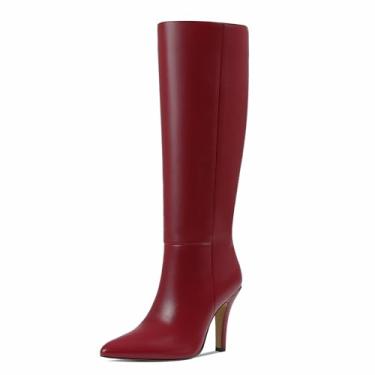 Imagem de femflame Botas pretas até o joelho femininas bico fino salto agulha sapatos altos salto gatinho preto botas largas botas de inverno para mulheres com zíper, Vermelho, 35