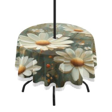 Imagem de Blueangle Toalha de mesa redonda impermeável de 152 cm para ambientes externos, aquarela, prado, margaridas, com orifício para guarda-chuva - Tecido resistente para todos os climas à prova de sol para