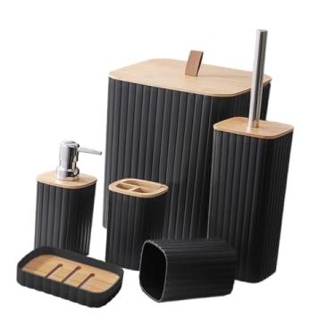 Imagem de Fenteer 6 peças copo de enxágue saboneteira porta escova de dentes lata de lixo para restaurantes hotel casa, Preto