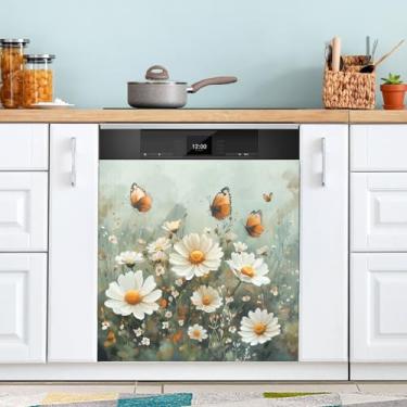 Imagem de ATTX Capa de ímã de aquarela prado margaridas para lava-louças, 58,4 cm C x 66 cm A decoração da capa da máquina de lavar louça, decalques de armário doméstico eletrodomésticos adesivos #210