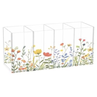 Imagem de SEHANY Porta-canetas de acrílico com flores silvestres coloridas, 4 compartimentos, porta-lápis transparente, organizador de pincéis de maquiagem, organizador de papelaria para escritório, casa