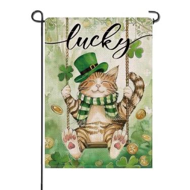Imagem de Artofy Dia de São Patrício Gato Tabby Pequena Bandeira Decorativa de Jardim, Trevo Sorte Trevo Quintal Decoração Externa Dono de Animais de Estimação Presente para Amantes de Animais de Estimação