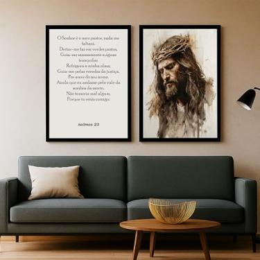 Imagem de Quadro Decorativo Duo Religioso Jesus Cristo Salmos 23 com Moldura, para Sala e Quarto (Moldura Preta, 70x50)