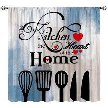 Imagem de Wallira Cortinas de cozinha abstratas azuis, tábua de madeira, garfo e colher, retrô, vintage, citações engraçadas, decoração com bolso de varão, tratamento de janela para café, restaurante, sala de