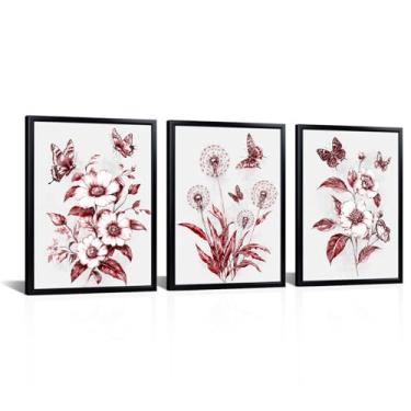 Imagem de FuShvre Decoração de banheiro vermelha flores e imagens de borboletas arte de parede moderna floral banheiro decoração de parede molduras pretas cada painel 30,5 x 40,6 cm (vermelho)