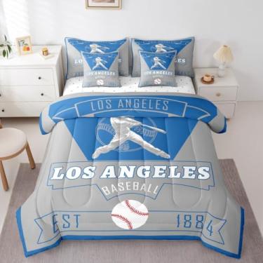 Imagem de Feelyou Jogo de edredom completo de beisebol com 7 peças, para crianças, meninos, meninas, Los Angeles, com 7 peças, decoração de quarto de jogos, microfibra leve e macia