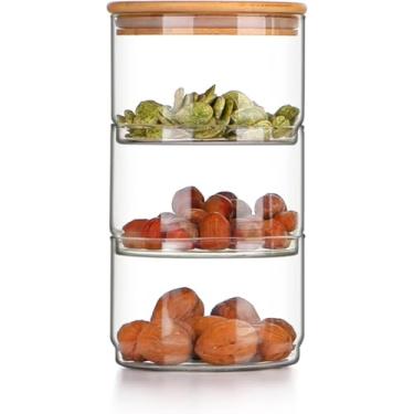 Imagem de Pote de Vidro Borossilicato Hermético com Tampa de Bambu, 3 Compartimentos Empilháveis, Recipiente para Armazenamento de Alimentos Vasilha De Grãos De Café Cereal Chá Fruta Madeira Biscoito 600 ml