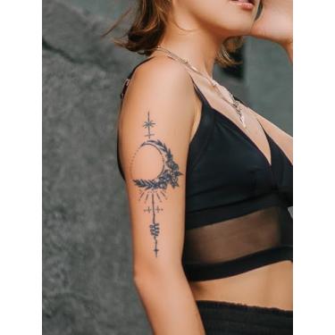 Imagem de Suco de ervas semipermanente beleza estrela lua estampa floral linha fina tatuagens temporárias com duração de 14 dias sem queda não reflexivo braço costas perna corpo tatuagem adesivo 1 pacote