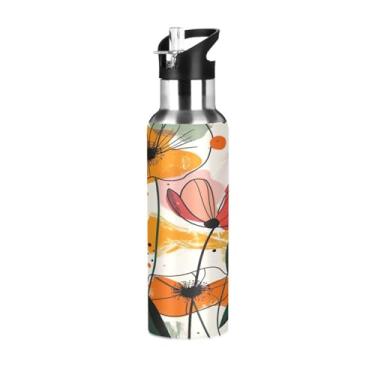 Imagem de Wassud Garrafa de água esportiva de aço inoxidável com canudo garrafas de água com isolamento de palha, copo de flores abstratas, portátil, 940 ml