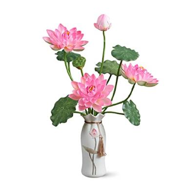 Imagem de Flores artificiais flores artificiais com vaso, flor de lótus artificial, toque real, flor falsa para festa, casamento, arranjos de casa, decoração interna, flores falsas