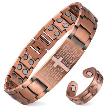 Imagem de MagEnergy Pulseira magnética masculina de cobre, 99,9% de cobre sólido com ímãs fortes de fileira dupla, ajustável com caixa de joias de ferramenta de dimensionamento