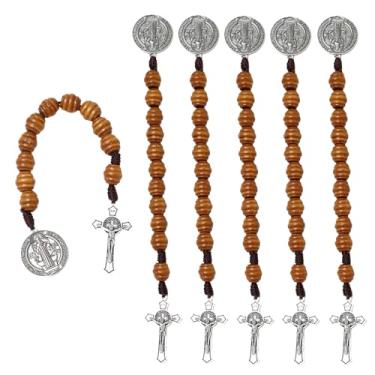 Imagem de Gorgeoos Pacote com 6 Rosário de Bolso para Medalha de São Bento - Contas de Madeira Marrom Artesanais com Medalha San Benito - Presente Religioso Católico para Homens e Mulheres Pingente de Oração