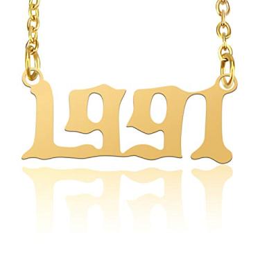 Imagem de Malihome Colar personalizado de nascimento ou anos importantes, número do ano em fonte em inglês antigo colar com pingente de presente de aniversário, pingente de amizade, joias para mulheres e