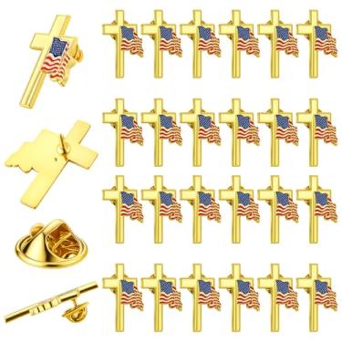 Imagem de Huquary 24 peças cruz patriótica com bandeira americana ondulada metal bandeira dos EUA alfinetes de lapela para ternos patrióticos americanos, jaquetas, chapéus, mochilas, decoração de roupas