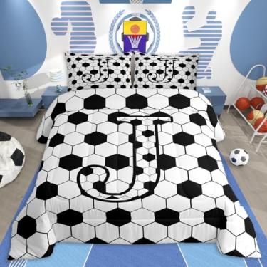 Imagem de jejeloiu Conjunto de edredom de futebol, solteiro, presentes inspiradores para amantes de futebol, conjunto de cama para crianças, meninos, meninas, letra J, edredom com bola esportiva, decoração de