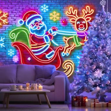 Imagem de BlissYard Merry Christmas, Papai Noel, trenó, luz negra, tapeçaria neon rena floco de neve que brilha no escuro UV reativo para pendurar na parede para quarto, sala de estar, decoração de inverno 198