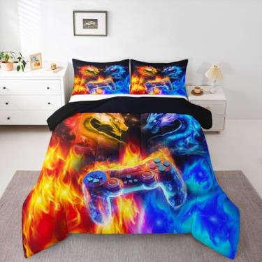 Imagem de Feelyou Jogo de cama com estampa abstrata de gamepad, tamanho solteiro, para adultos, adolescentes, meninas, console de jogos, água e dragão de fogo, decoração de quarto