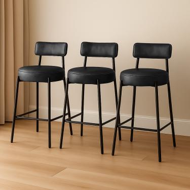 Imagem de Banqueta Cozinha Alta com Encosto Industrial Preto Kit 3 Londres PU Preto D03 - D'Rossi