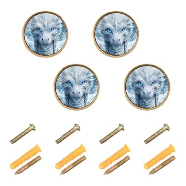 Imagem de ODAWA Dragão de gelo branco, 4 maçanetas de latão, mini puxadores de armário com parafuso