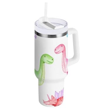 Imagem de ODAWA Copo grande e fofo de dinossauros pastel branco isolado a vácuo com tampa e copo de viagem isolado com canudo