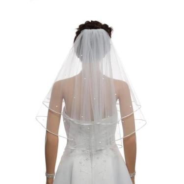 Imagem de Véu de noiva com borda de fita de 2 camadas 2T e centro reunido com co