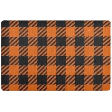Imagem de TSENQUE Tapete de porta personalizado laranja preto xadrez bonito para o dia de Ação de Graças, tapete de porta externo, impermeável, tapete de entrada lavável para dentro de casa, 81 cm x 50 cm