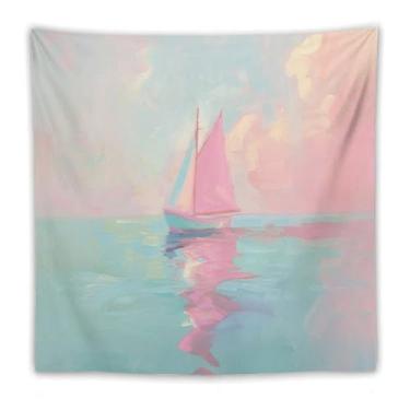Imagem de Tapeçaria de parede de veleiro rosa no oceano calmo decoração náutica costeira arte pastel pôr do sol para sala de estar quarto pátio relaxante praia pendurado acento encantador cena aquática 70 x 90