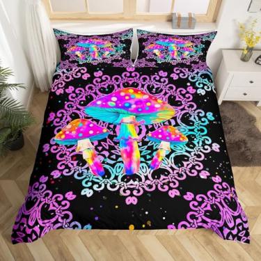 Imagem de Capa de edredom de cogumelo trippy queen size boêmia, mandala, paisley, para adolescentes, adultos, crianças, colorido, fantasia, botânica, conjunto de cama com 3 peças, capa decorativa (sem edredom)