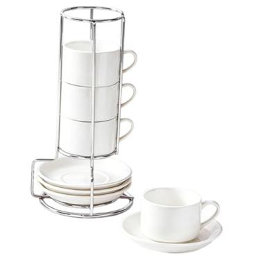 Imagem de FytStycale Conjunto de 4 xícaras de café de cerâmica com pires, empilháveis, com suporte, versáteis acessórios para decoração de casa, perfeitas para preparar, Branco