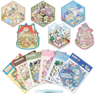 Imagem de 6 conjuntos de adesivos para crianças, faça sua própria mini cena de quarto para meninas, bonito desenho animado animal adesivo terapia para adultos, alívio do estresse passa o tempo, lembrancinhas de